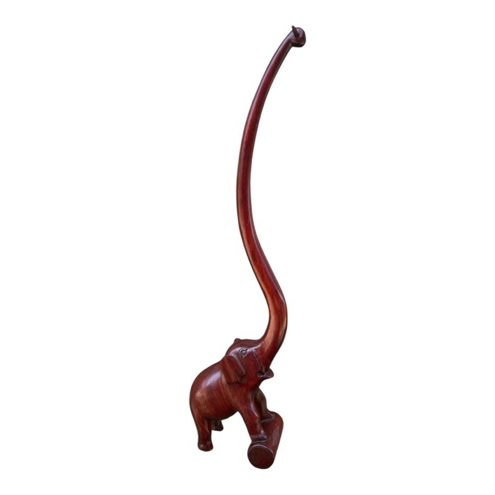 Handmade Carved Wooden Elephant Figurine Collectible Sculpture with Raised Trunk